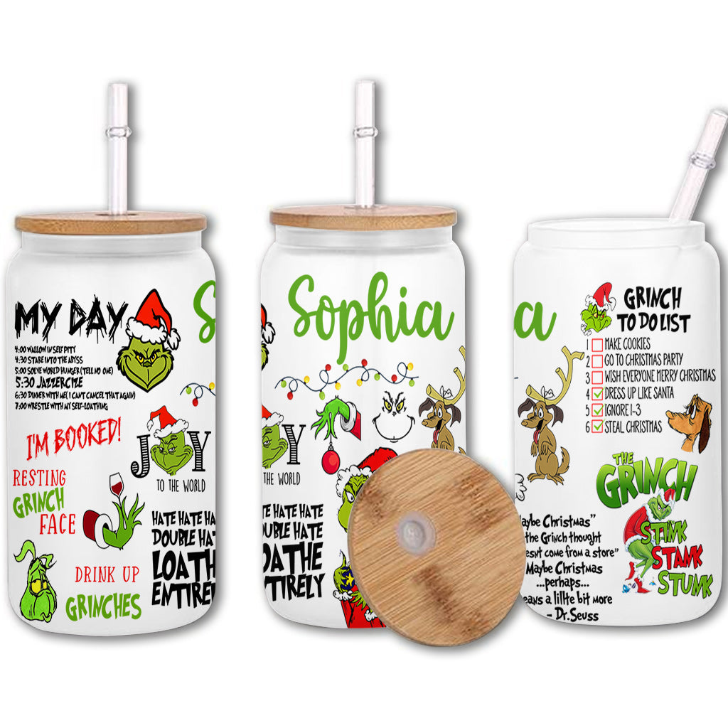 Personalized Grinch Christmas Can Glass Custom Name Gift