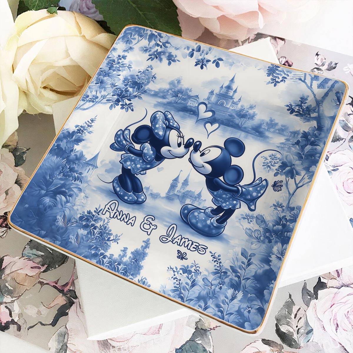 Personalized Blue & White Ceramic Mouse Couple Jewelry Dish