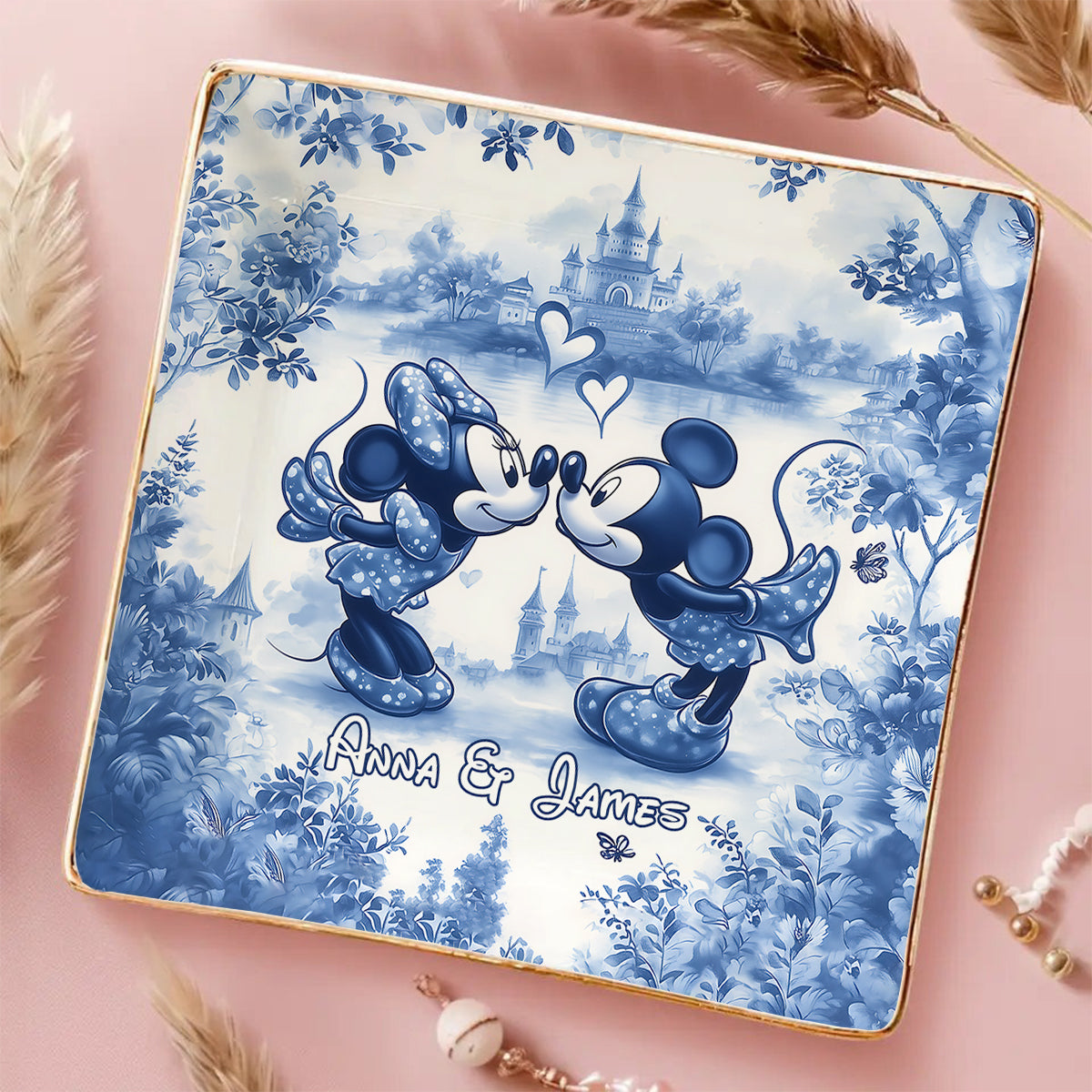 Personalized Blue & White Ceramic Mouse Couple Jewelry Dish