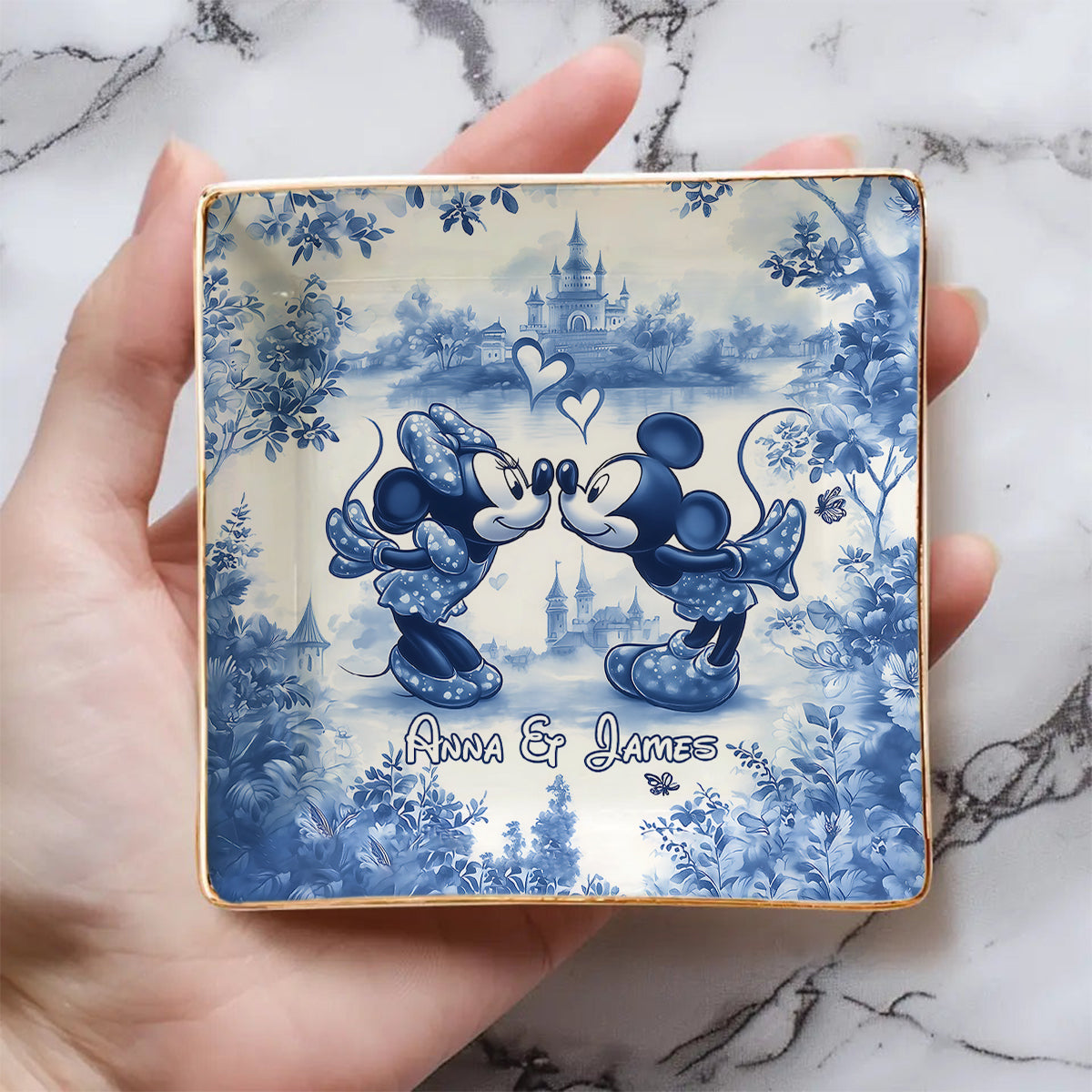 Personalized Blue & White Ceramic Mouse Couple Jewelry Dish