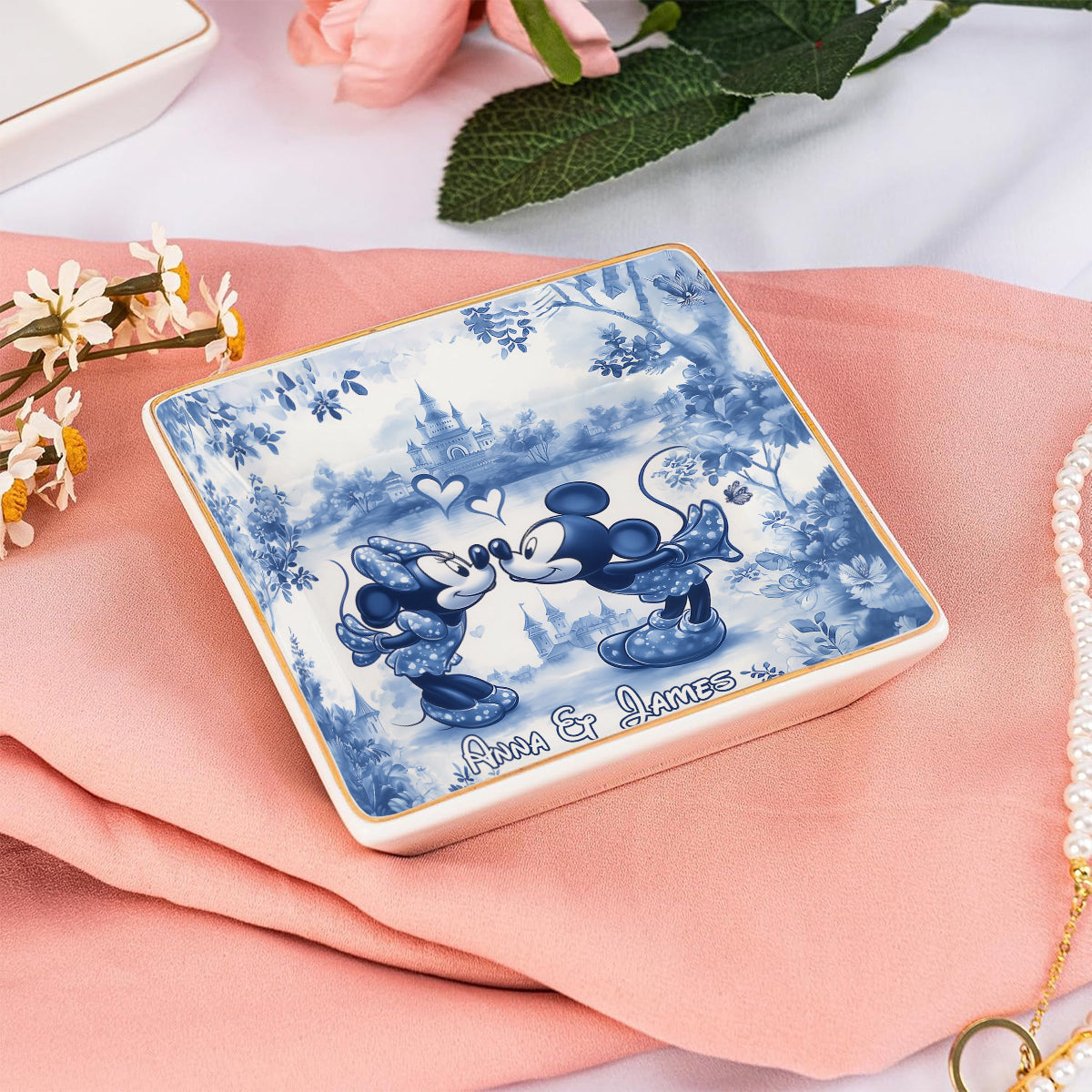 Personalized Blue & White Ceramic Mouse Couple Jewelry Dish