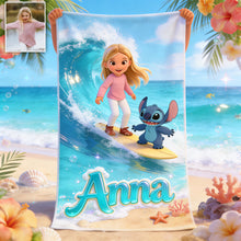 Load image into Gallery viewer, Personalized Blue Alien Beach Towel Custom Name Gift for Kids
