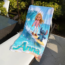 Load image into Gallery viewer, Personalized Blue Alien Beach Towel Custom Name Gift for Kids
