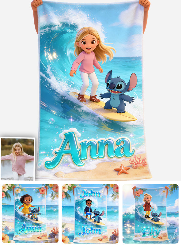 Personalized Blue Alien Beach Towel Custom Name Gift for Kids