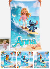 Load image into Gallery viewer, Personalized Blue Alien Beach Towel Custom Name Gift for Kids
