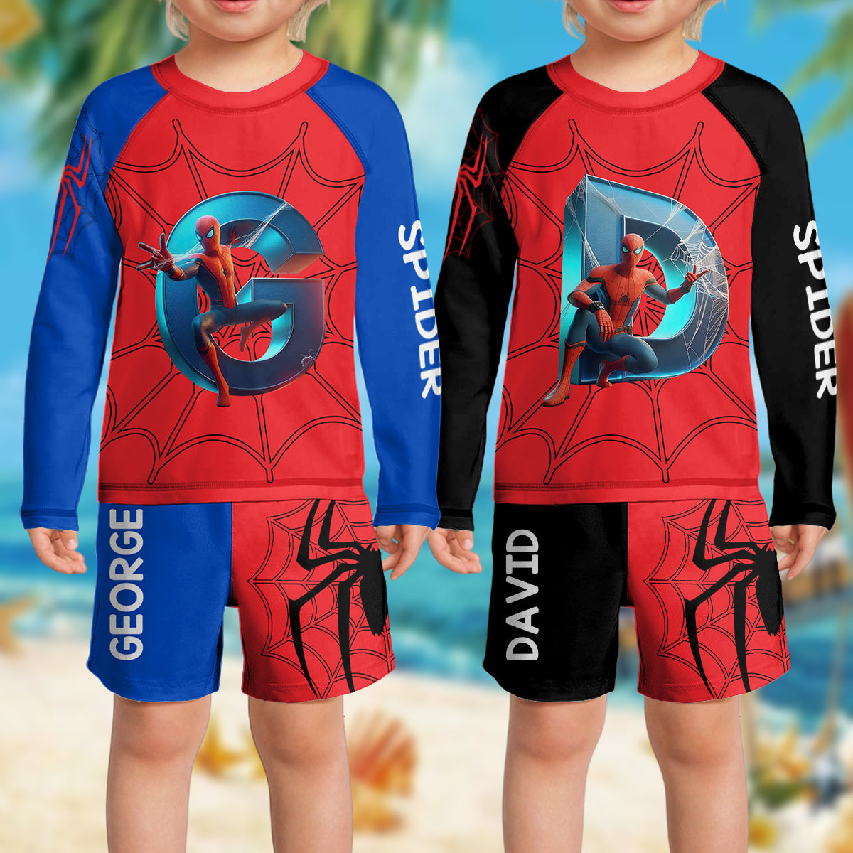 Personalized Spider Kid Rashguard Set with Swim Trunks