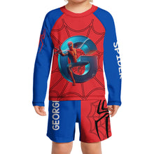 Load image into Gallery viewer, Personalized Spider Kid Rashguard Set with Swim Trunks
