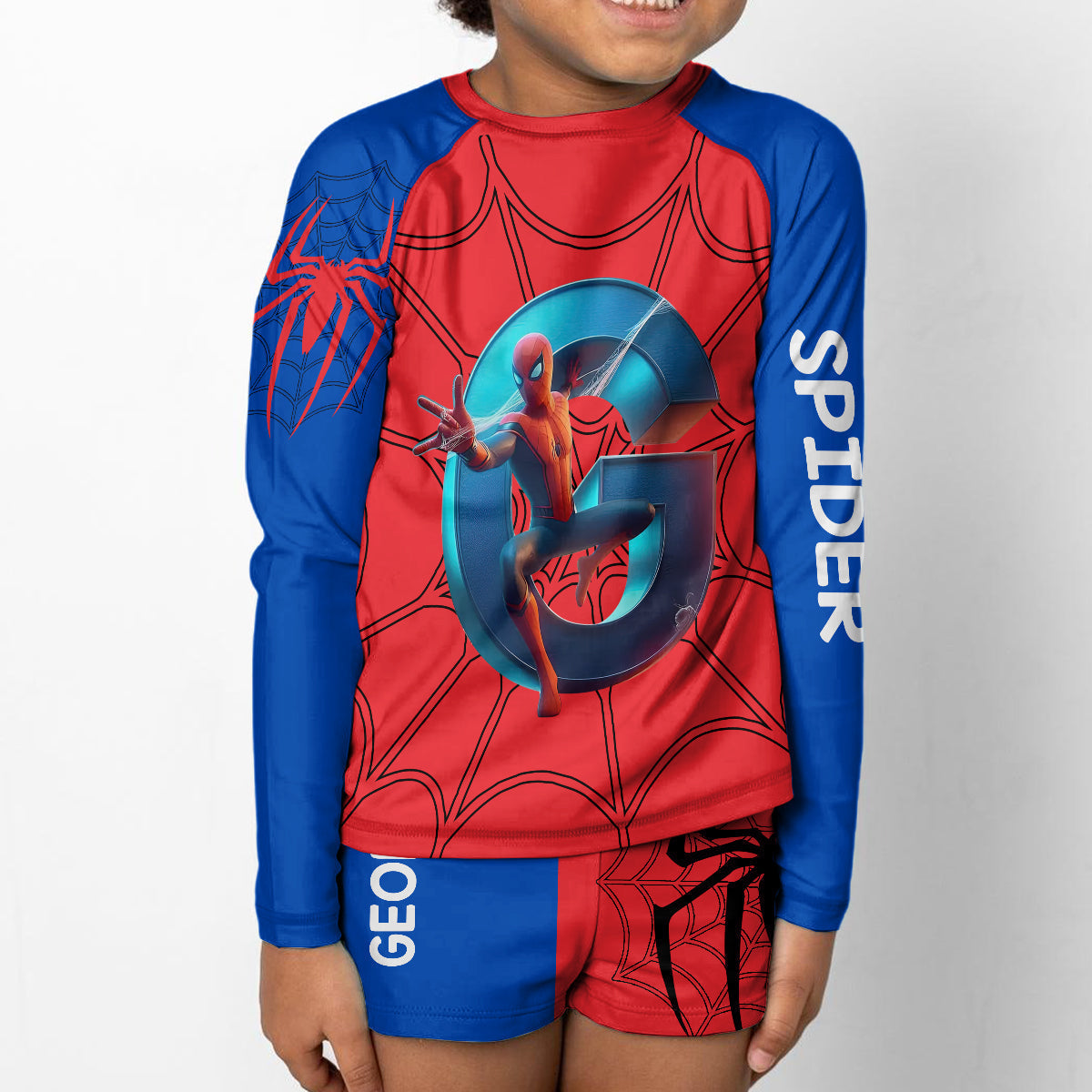 Personalized Spider Kid Rashguard Set with Swim Trunks