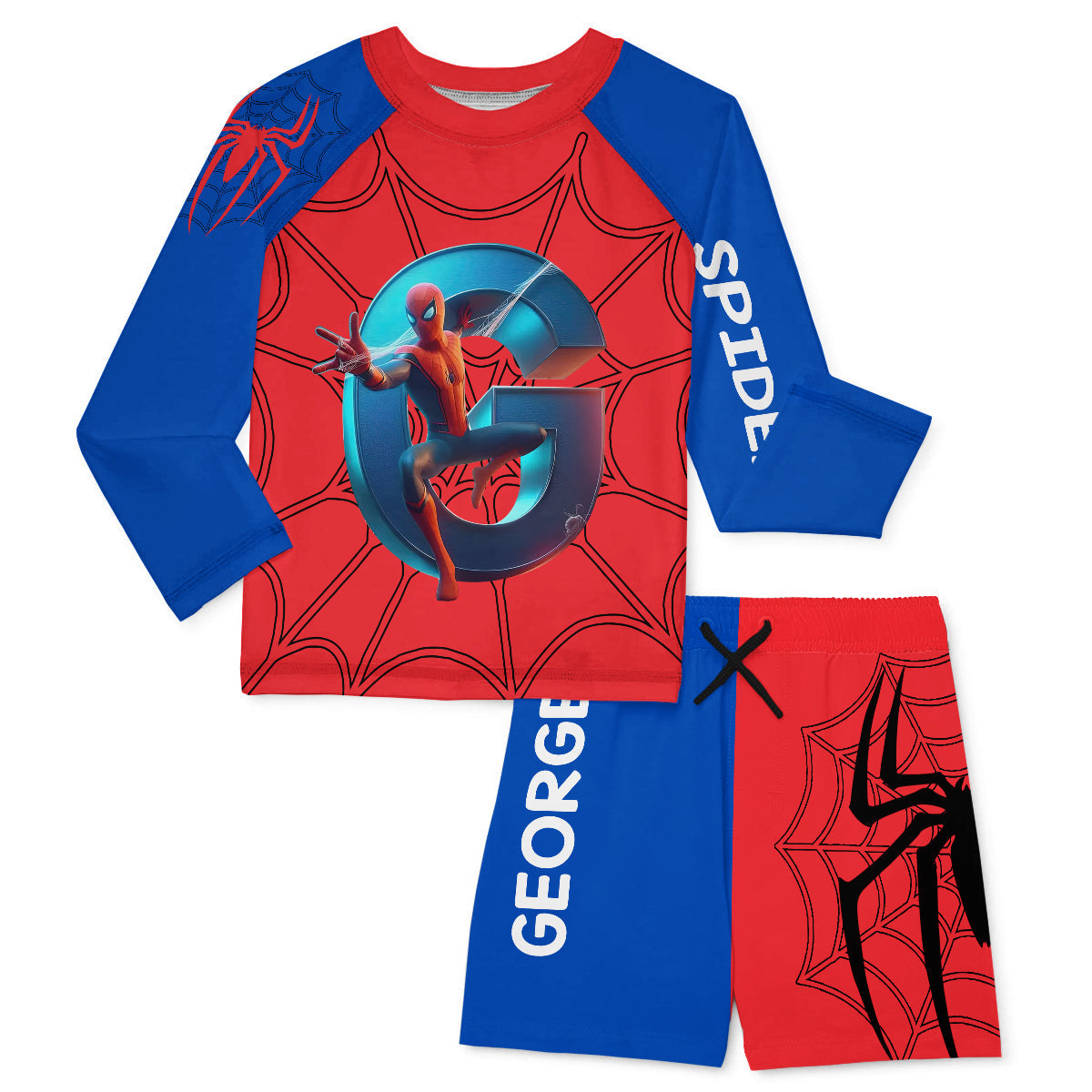 Personalized Spider Kid Rashguard Set with Swim Trunks
