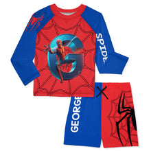Load image into Gallery viewer, Personalized Spider Kid Rashguard Set with Swim Trunks
