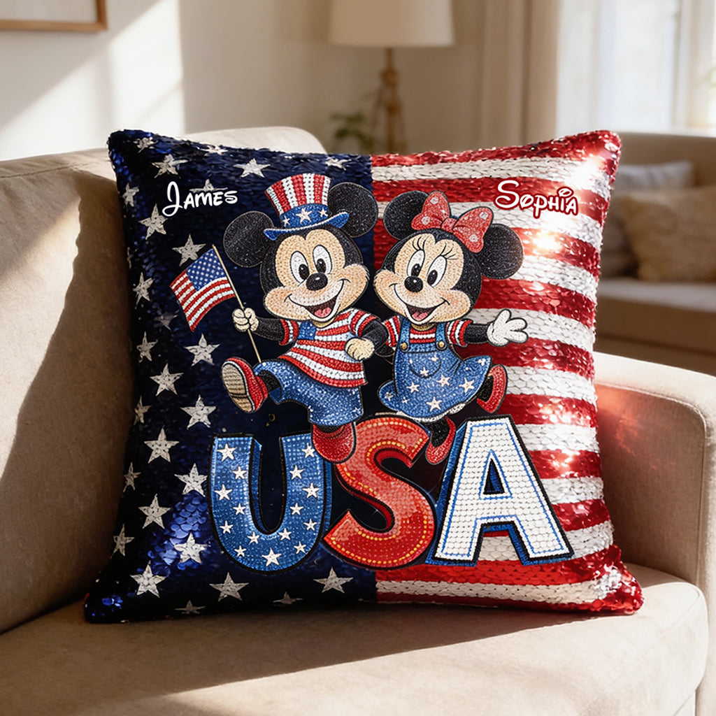 Personalized USA Celebration Pillow with Mickey & Minnie - Gift for Patriotic Families