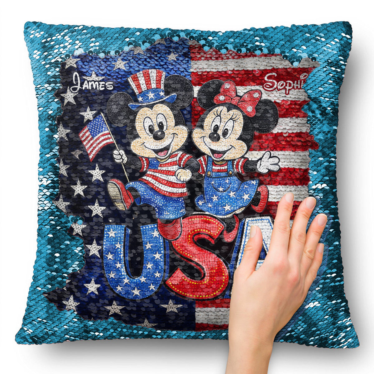 Personalized USA Celebration Pillow with Mickey & Minnie - Gift for Patriotic Families