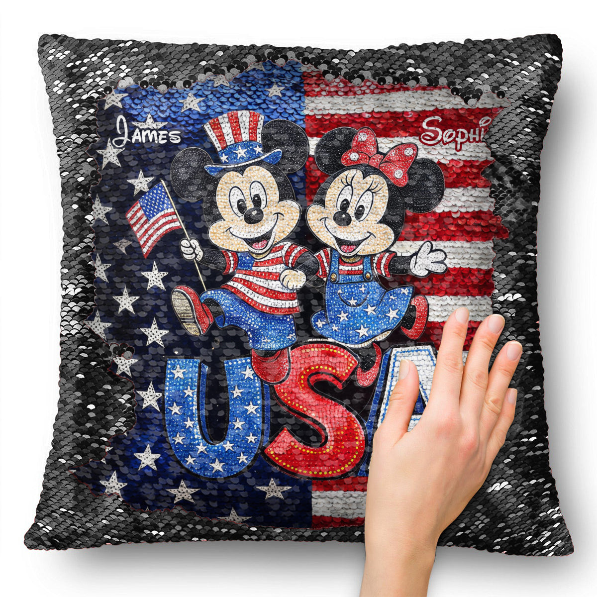 Personalized USA Celebration Pillow with Mickey & Minnie - Gift for Patriotic Families