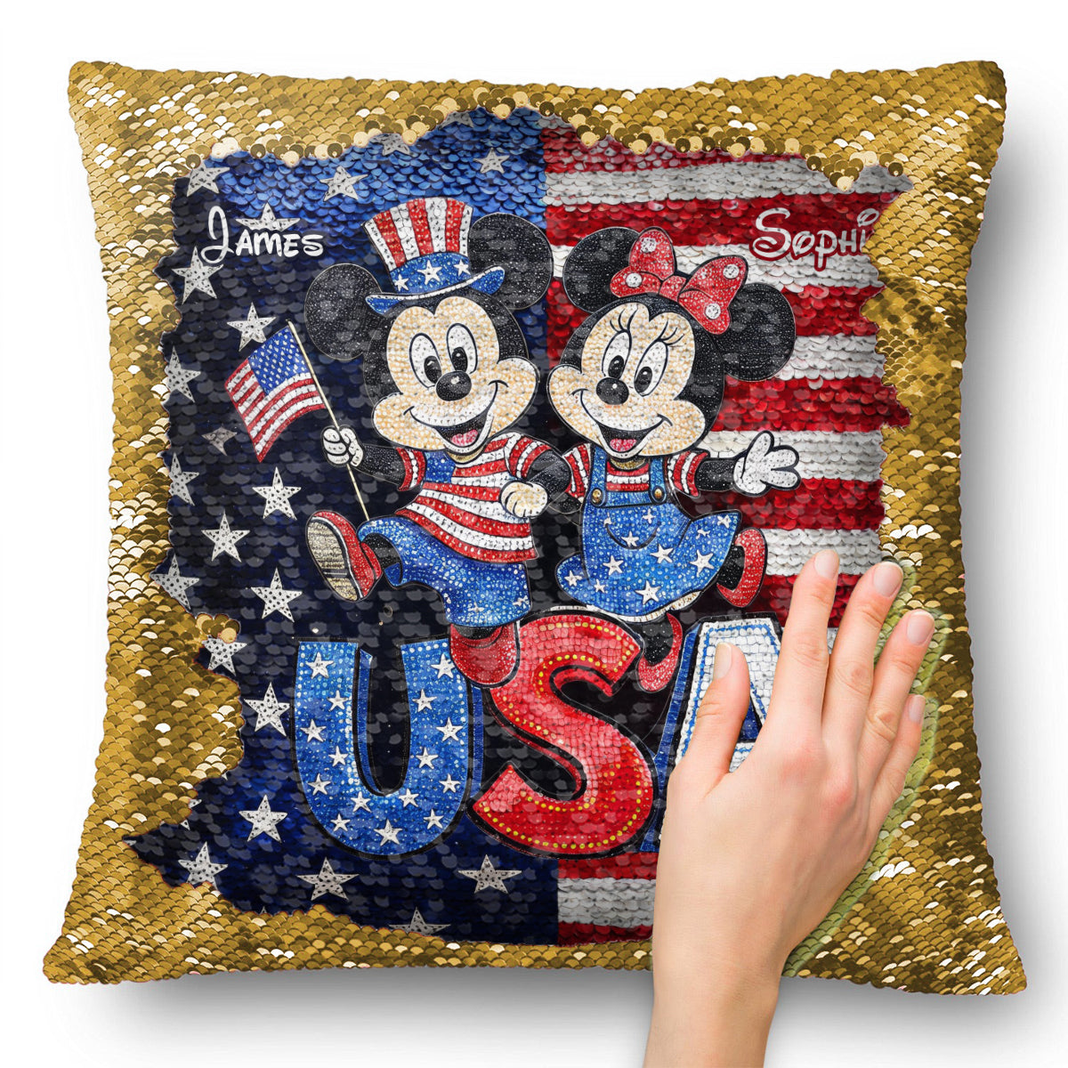 Personalized USA Celebration Pillow with Mickey & Minnie - Gift for Patriotic Families