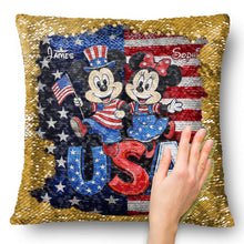 Load image into Gallery viewer, Personalized USA Celebration Pillow with Mickey &amp; Minnie - Gift for Patriotic Families
