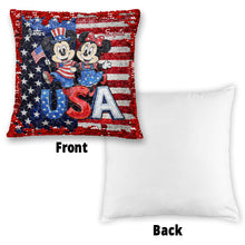 Load image into Gallery viewer, Personalized USA Celebration Pillow with Mickey &amp; Minnie - Gift for Patriotic Families
