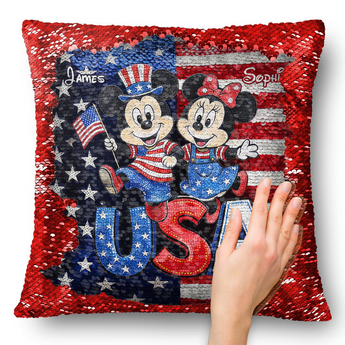 Personalized USA Celebration Pillow with Mickey & Minnie - Gift for Patriotic Families