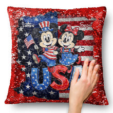 Load image into Gallery viewer, Personalized USA Celebration Pillow with Mickey &amp; Minnie - Gift for Patriotic Families
