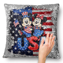 Load image into Gallery viewer, Personalized USA Celebration Pillow with Mickey &amp; Minnie - Gift for Patriotic Families
