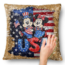 Load image into Gallery viewer, Personalized USA Celebration Pillow with Mickey &amp; Minnie - Gift for Patriotic Families
