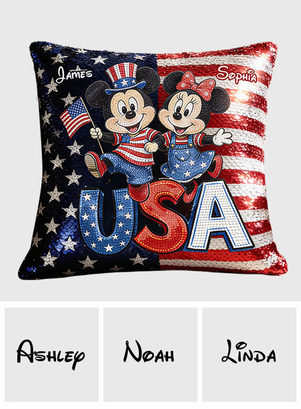 Personalized USA Celebration Pillow with Mickey & Minnie - Gift for Patriotic Families