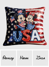 Load image into Gallery viewer, Personalized USA Celebration Pillow with Mickey &amp; Minnie - Gift for Patriotic Families
