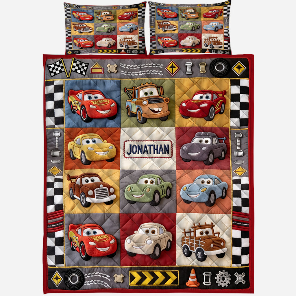 Personalized Cars Themed Quilted Bedding Set for Kids - Gift Idea