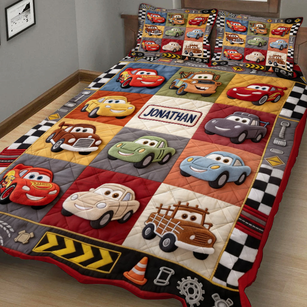 Personalized Cars Themed Quilted Bedding Set for Kids - Gift Idea
