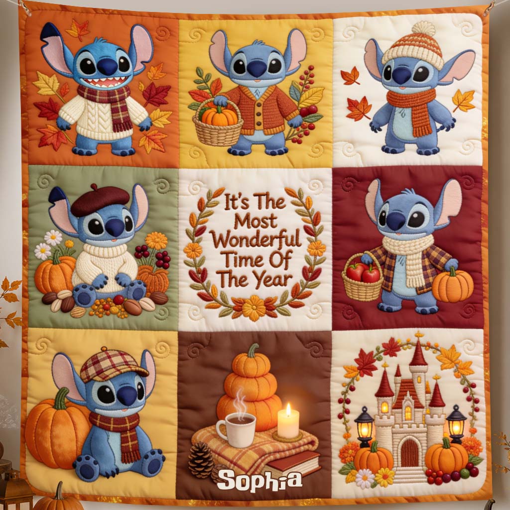 Personalized Cozy Fall Blanket with Stitch Characters Gift for Kids & Family
