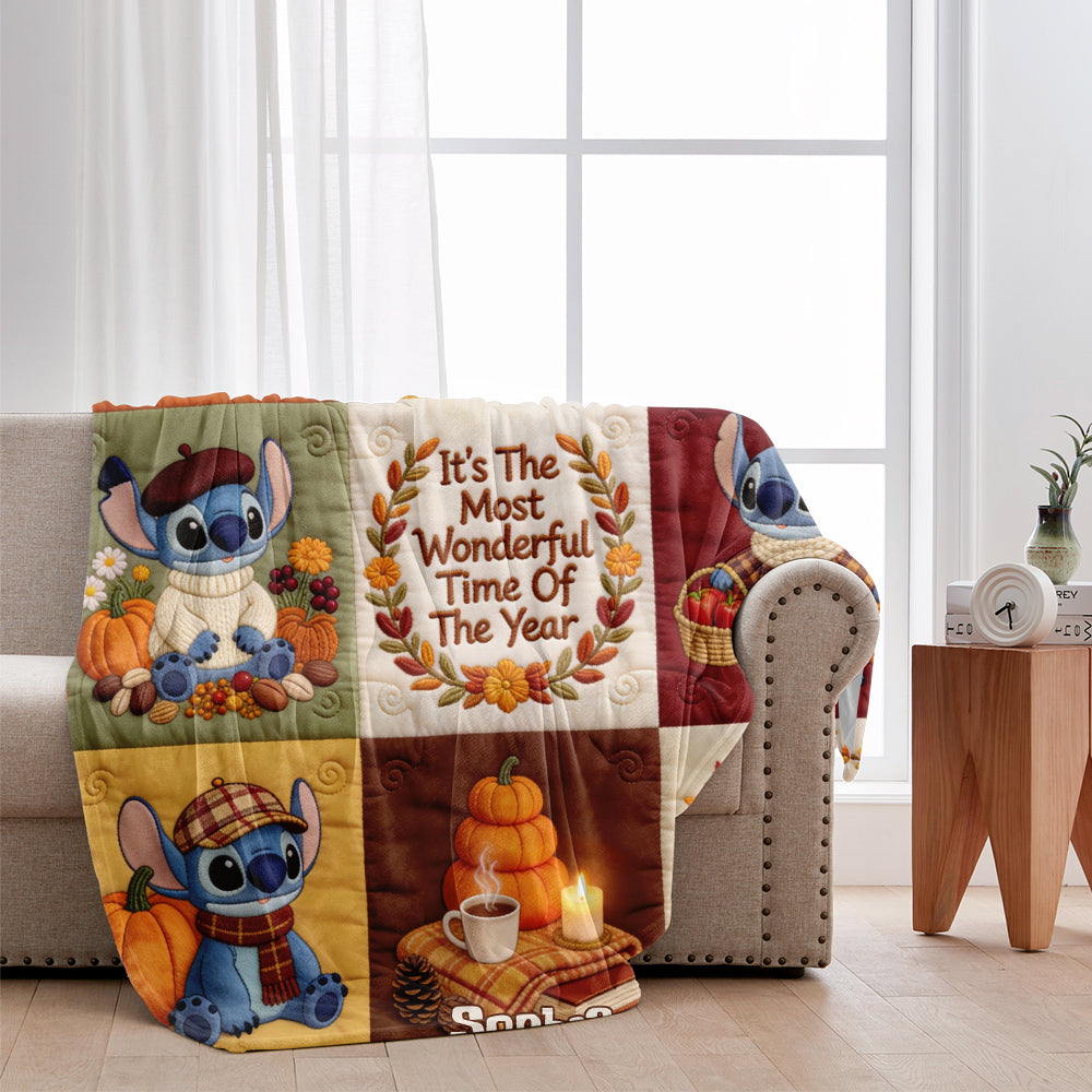 Personalized Cozy Fall Blanket with Stitch Characters Gift for Kids & Family