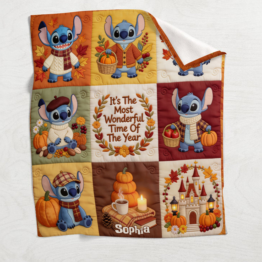 Personalized Cozy Fall Blanket with Stitch Characters Gift for Kids & Family
