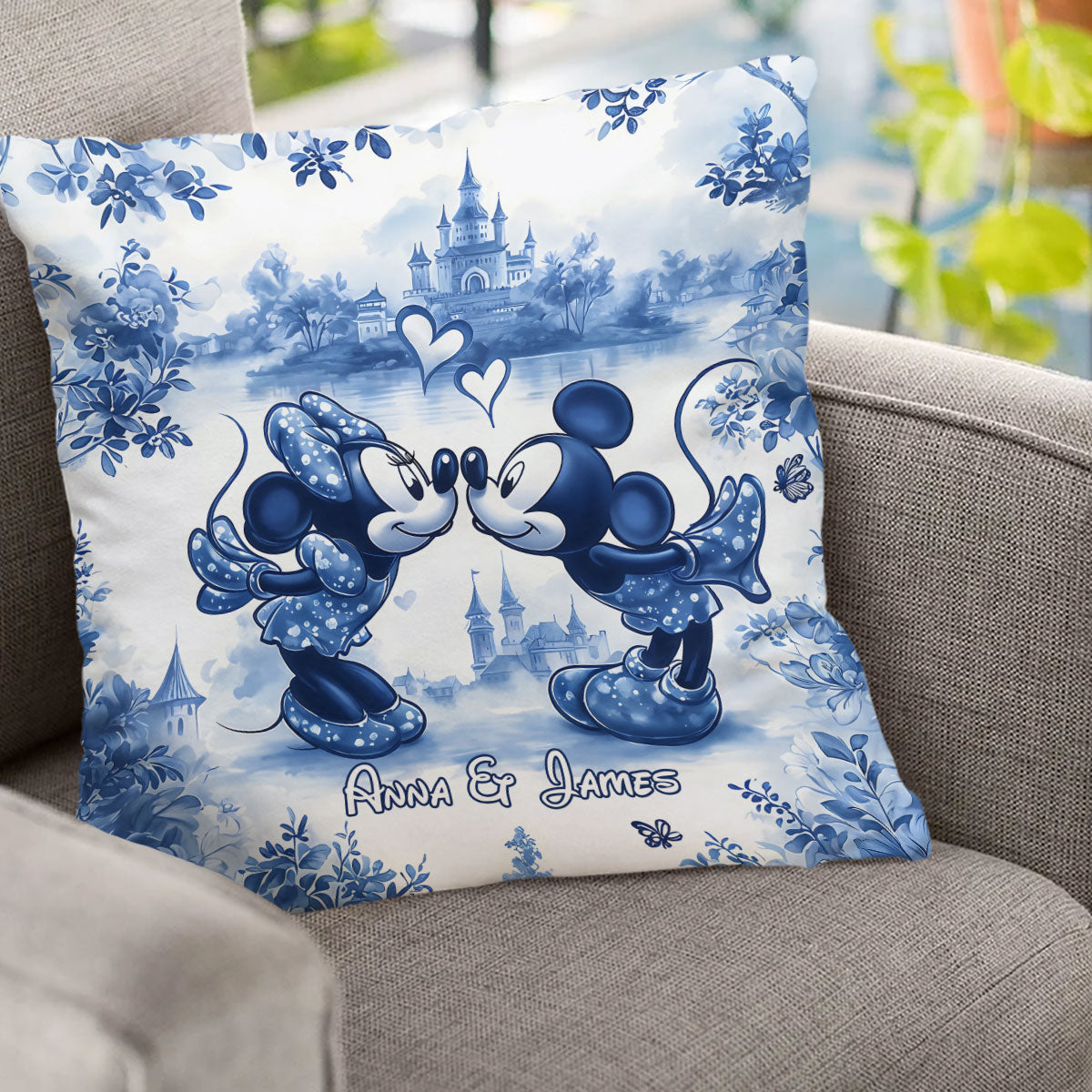 Personalized Blue & White Mouse Couple Throw Pillow Gift for Couples
