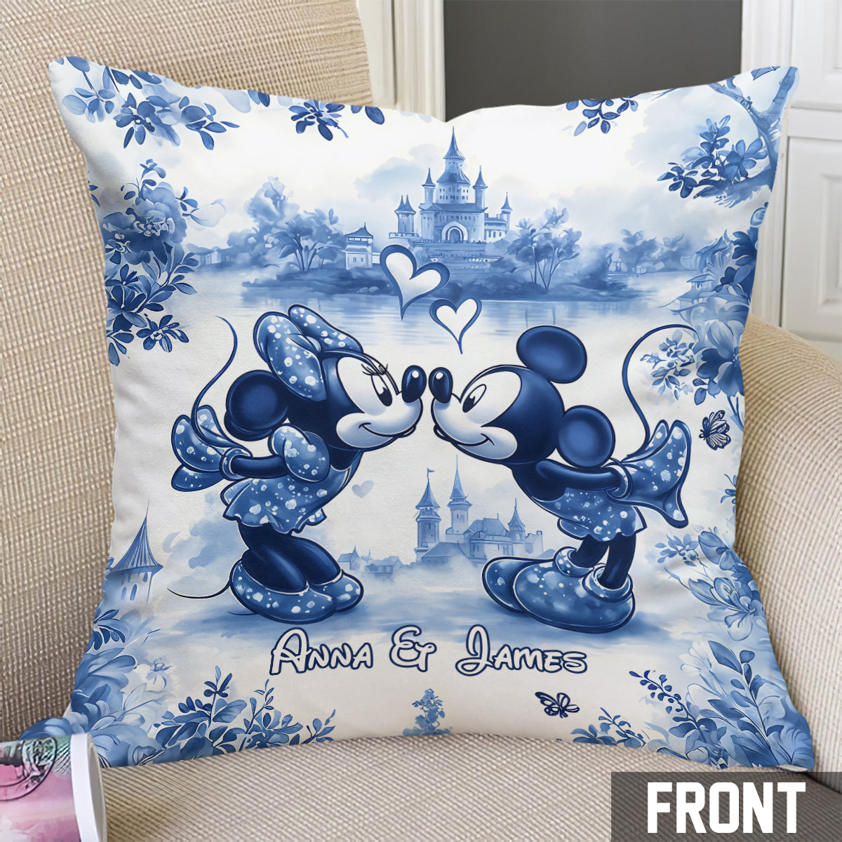 Personalized Blue & White Mouse Couple Throw Pillow Gift for Couples