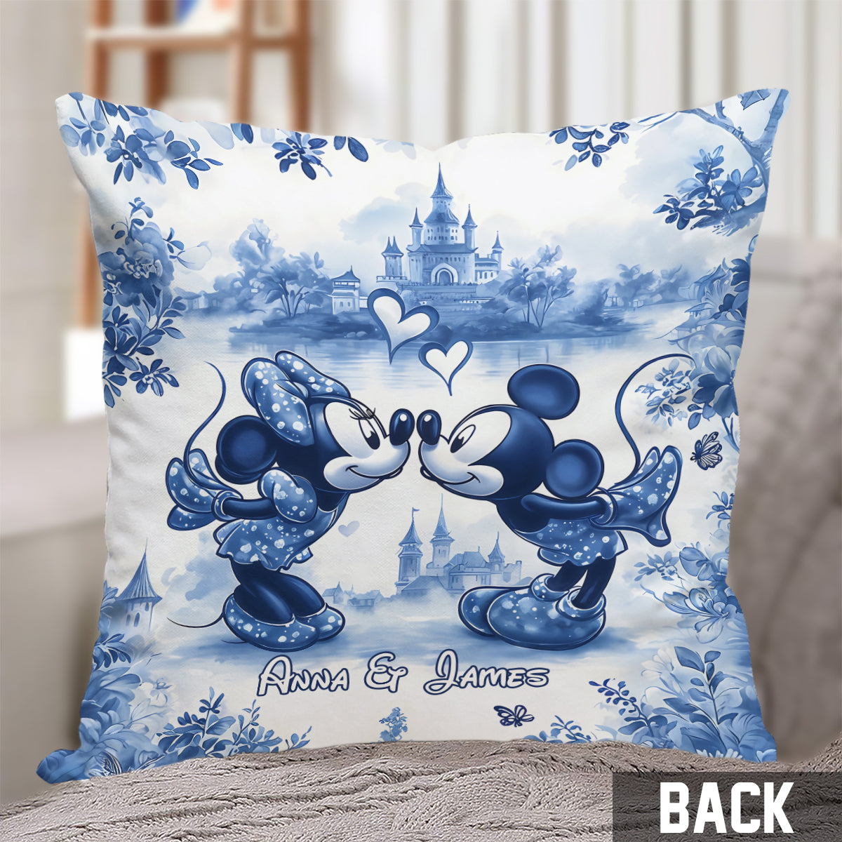 Personalized Blue & White Mouse Couple Throw Pillow Gift for Couples