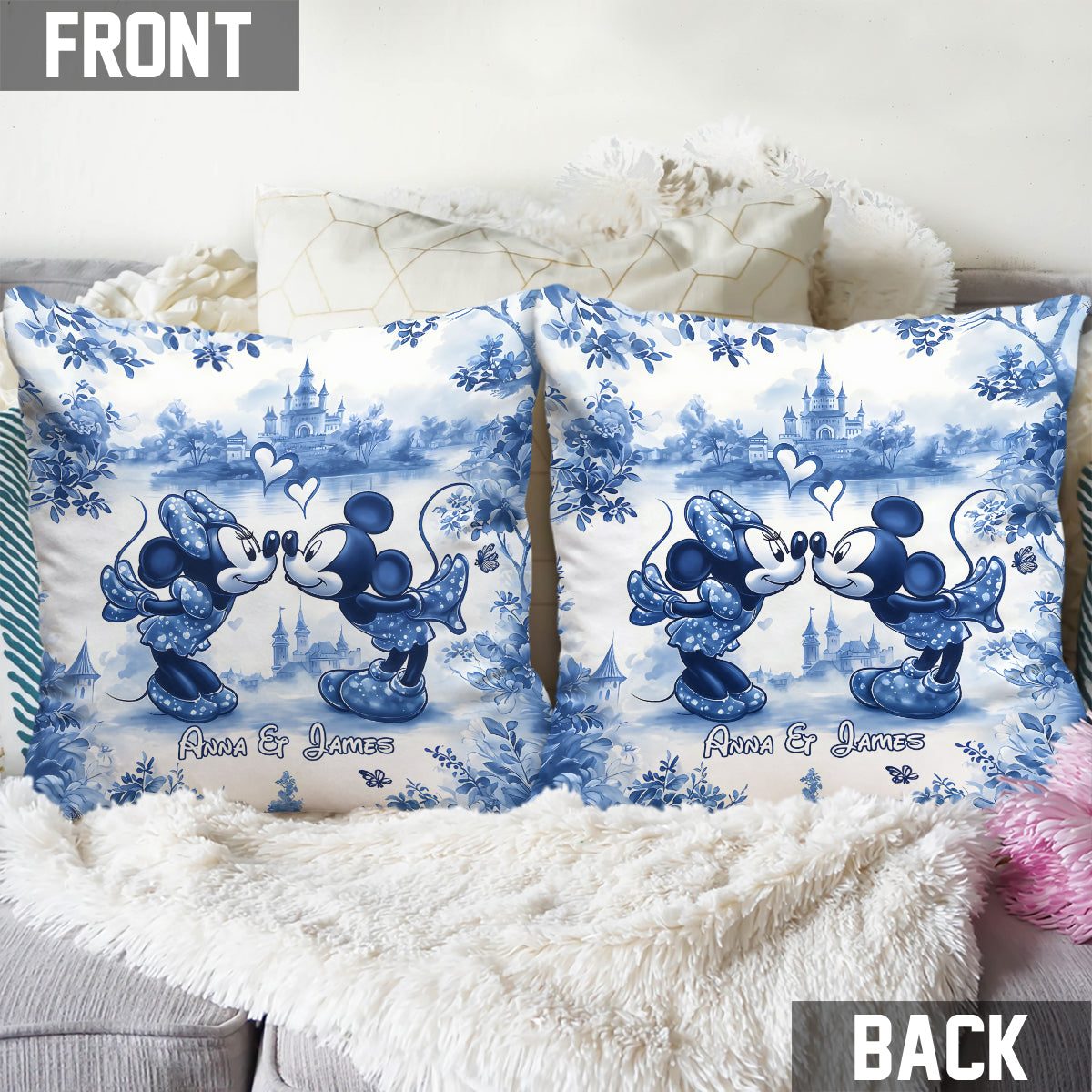 Personalized Blue & White Mouse Couple Throw Pillow Gift for Couples