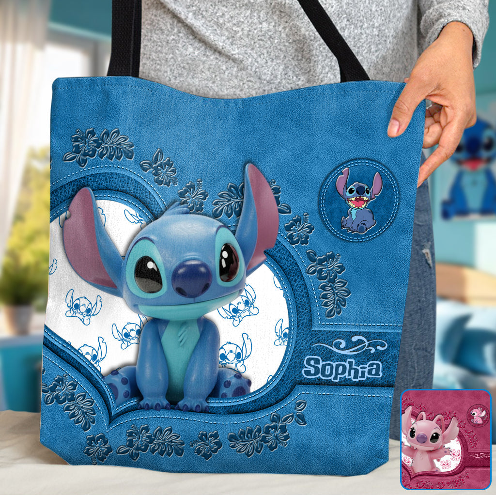 Personalized Stitch Tote Bag Custom Name Cute Blue Design