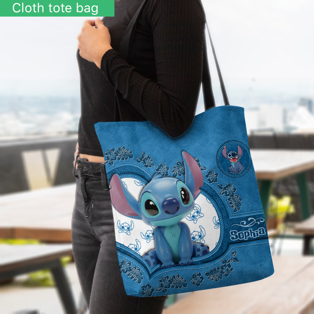 Personalized Stitch Tote Bag Custom Name Cute Blue Design