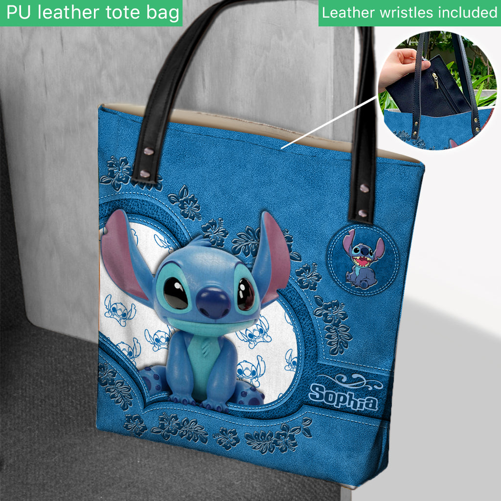 Personalized Stitch Tote Bag Custom Name Cute Blue Design