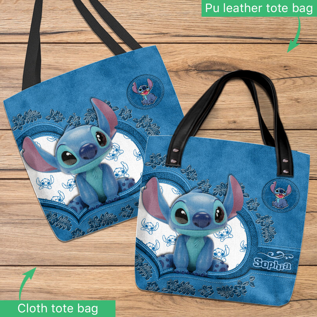 Personalized Stitch Tote Bag Custom Name Cute Blue Design