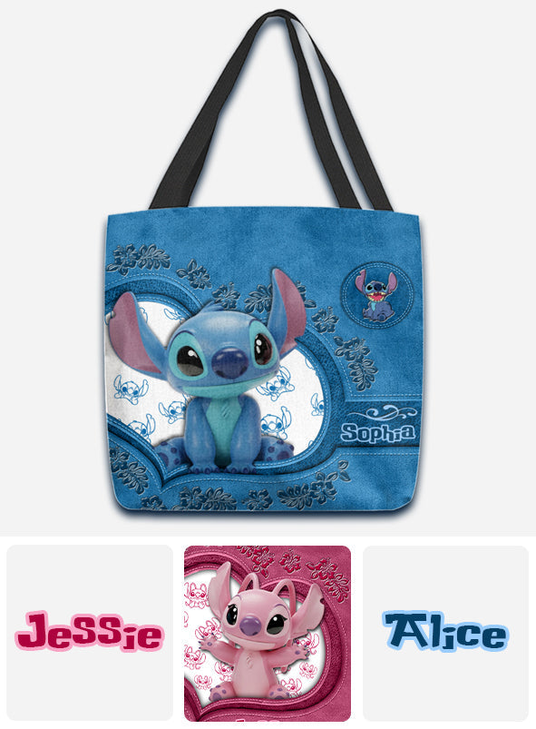 Personalized Stitch Tote Bag Custom Name Cute Blue Design