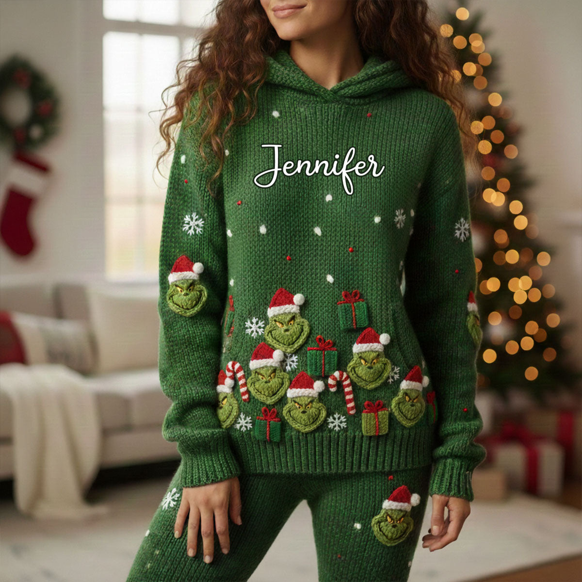Personalized Christmas Grinch Hoodie and Leggings Set for Her