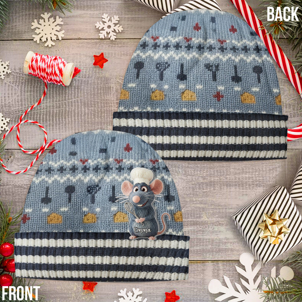 Personalized Mouse Beanie Hat with Patches for Mom & Kids - Winter Gift
