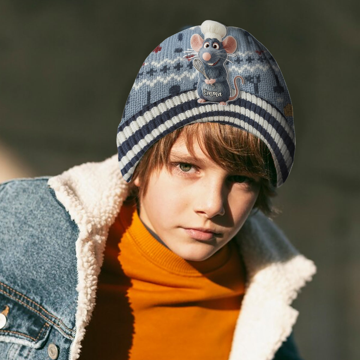Personalized Mouse Beanie Hat with Patches for Mom & Kids - Winter Gift