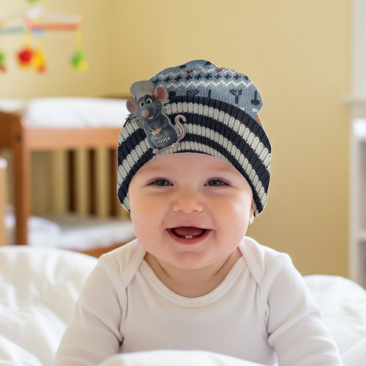 Personalized Mouse Beanie Hat with Patches for Mom & Kids - Winter Gift