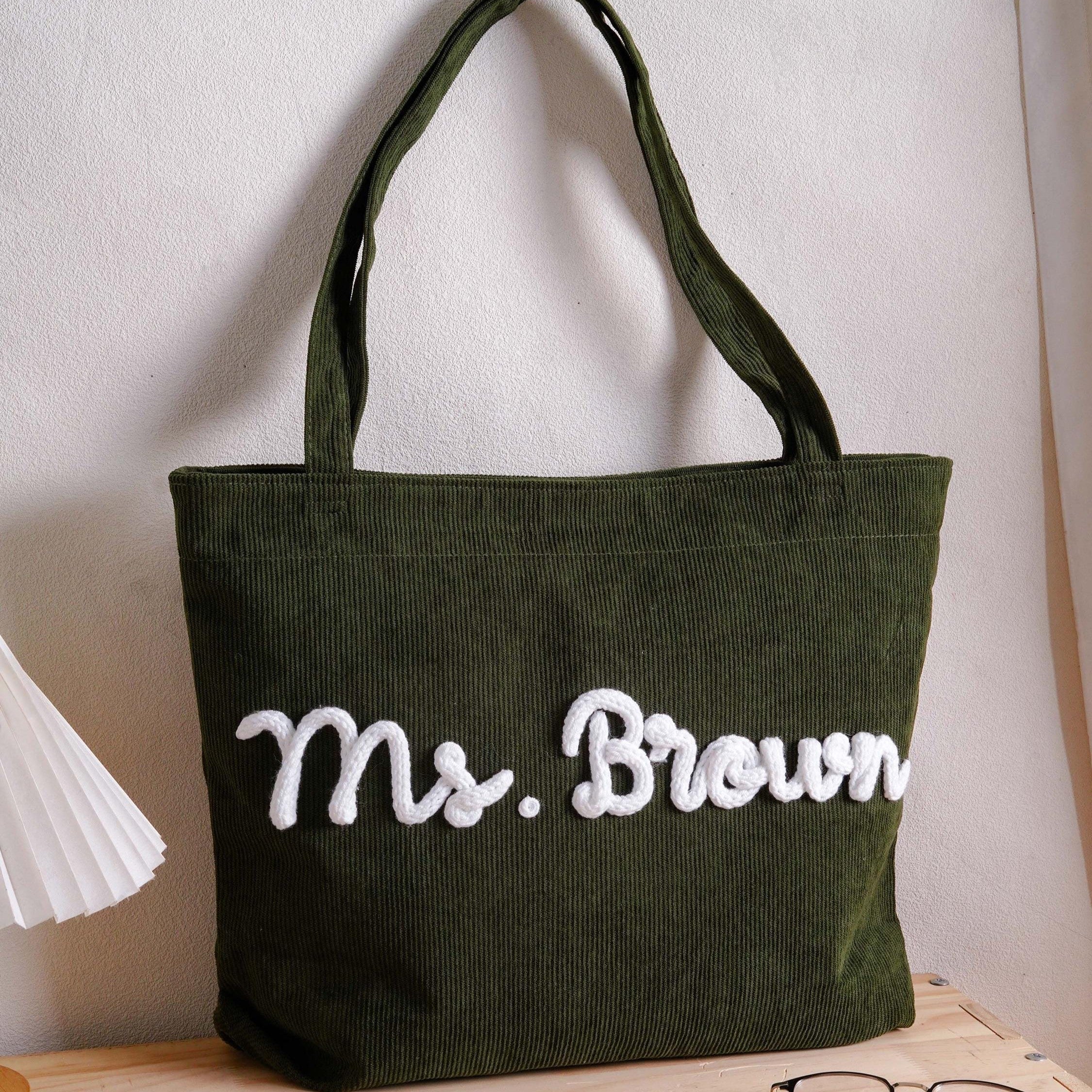 Personalized Corduroy Yarn Tote Bag Teacher Gift Custom Name