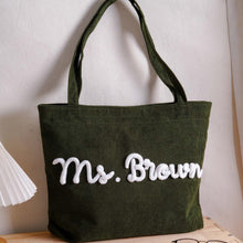 Load image into Gallery viewer, Personalized Corduroy Yarn Tote Bag Teacher Gift Custom Name
