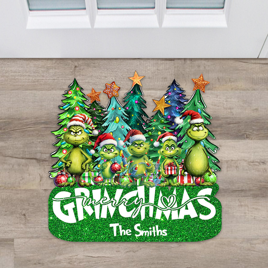 Personalized Merry Grinchmas Shaped Doormat Custom Family Name Holiday Decor