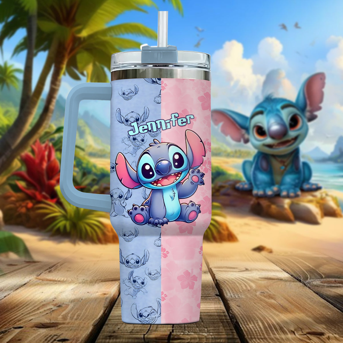 Personalized Pink and Blue Ohana Tumbler with Handle Custom Name Gift for Friends