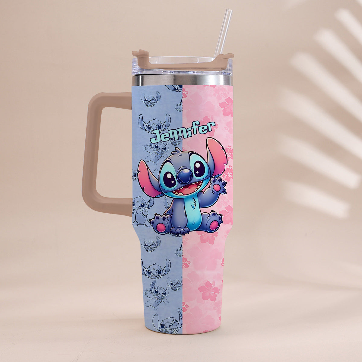 Personalized Pink and Blue Ohana Tumbler with Handle Custom Name Gift for Friends