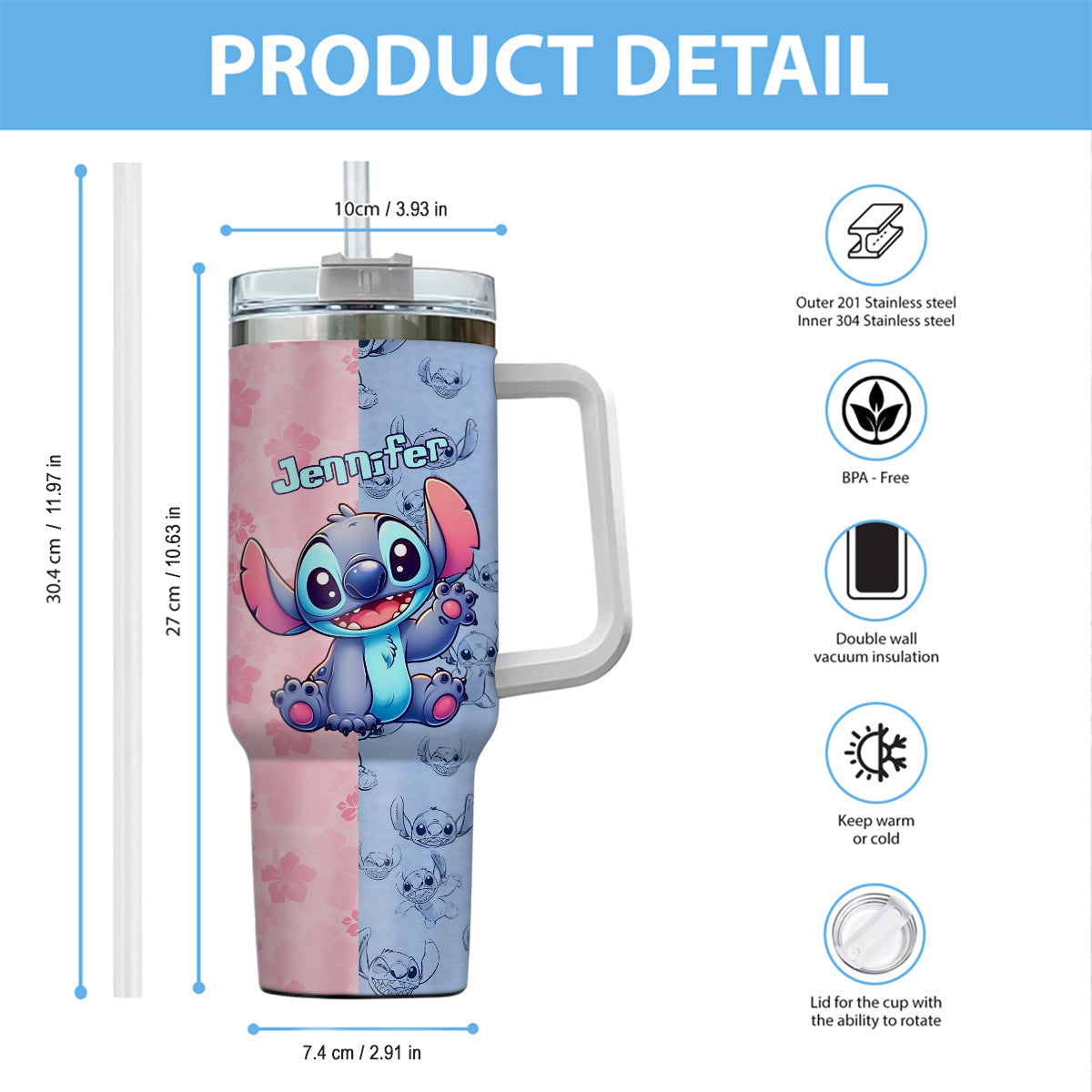 Personalized Pink and Blue Ohana Tumbler with Handle Custom Name Gift for Friends